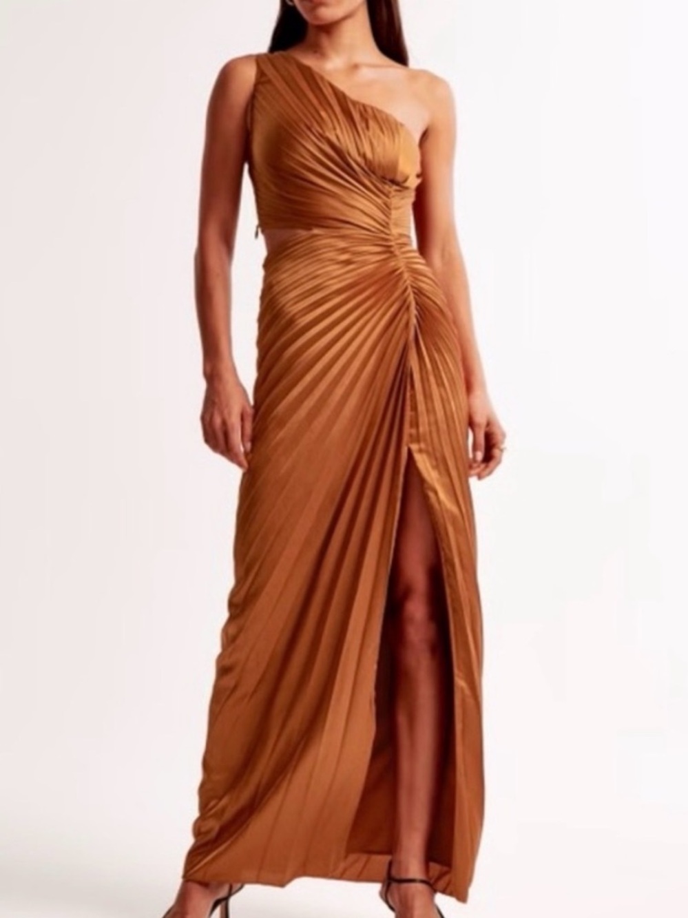 NWOT Abercrombie & Fitch One-Shoulder Orange Copper Pleated Evening Dress XSP